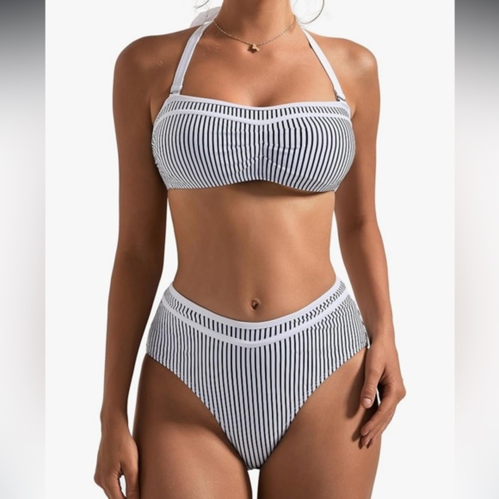 New SUUKSESS  High Waisted 2 Piece Bikini Set Cheeky High Cut Bandeau Swimsuit M